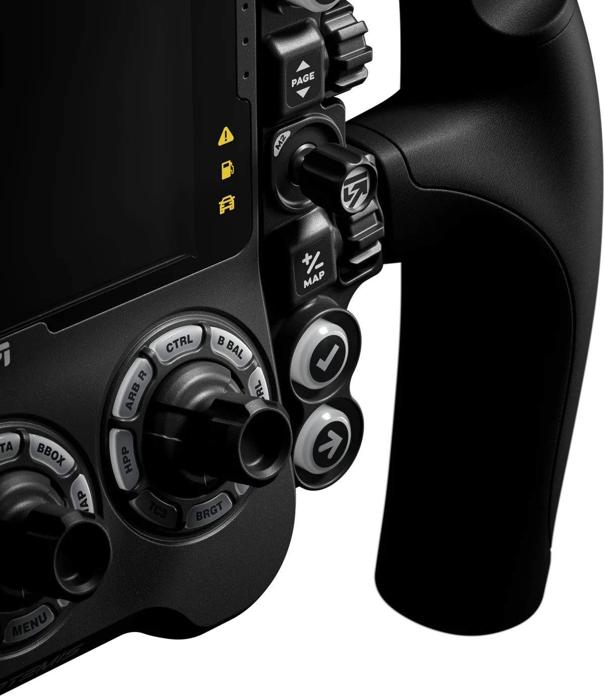 Artemis wheel in close-up: the moulded grip beside the mode-select rotaries and the race display. — Blackout