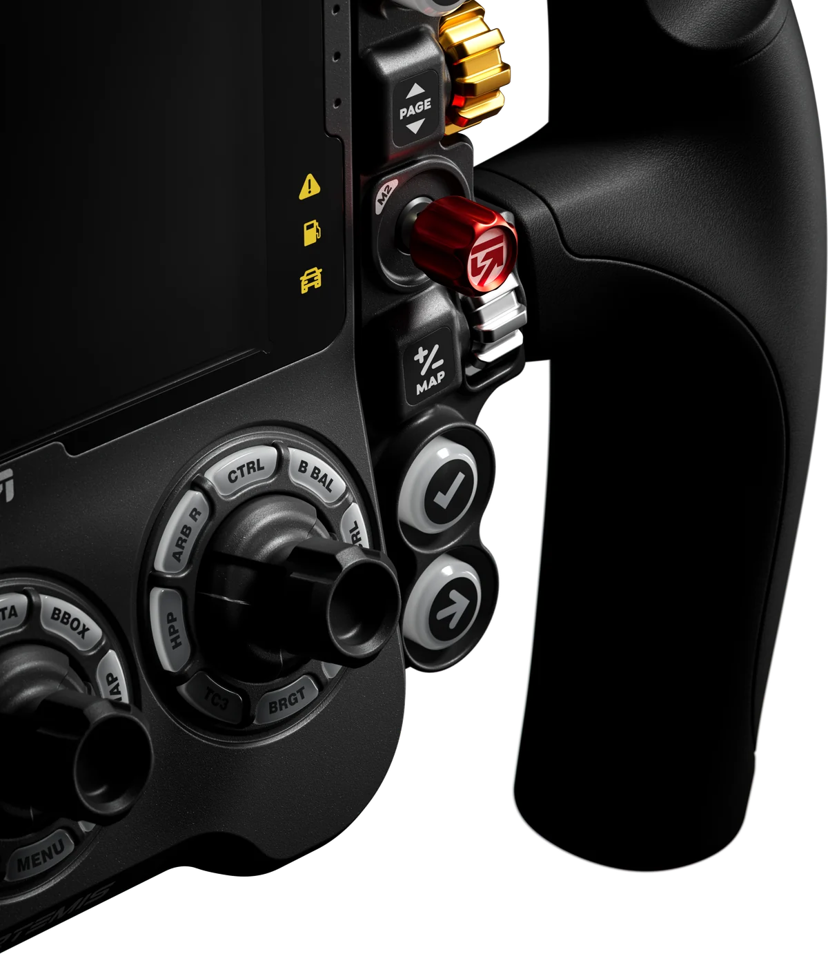 Artemis wheel in close-up: the moulded grip beside the mode-select rotaries and the race display. — Spectrum