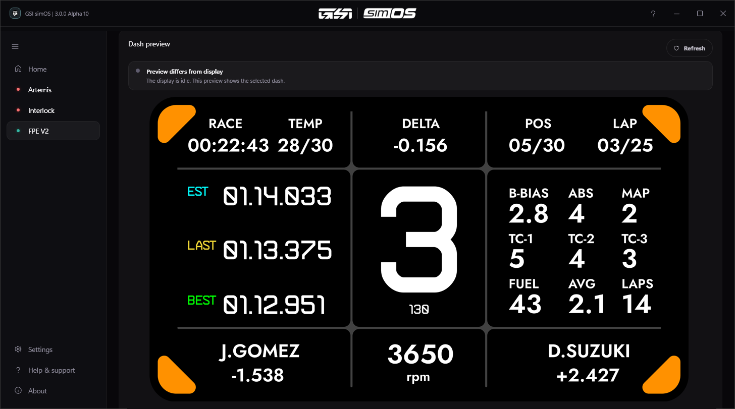 simOS dash preview: a race dashboard with delta, position, lap times, gear, brake bias, traction control and fuel.