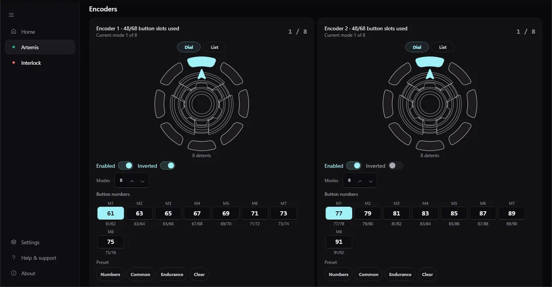 simOS Encoders: two rotary encoders drawn as mode dials, each with its detents and the button numbers assigned per mode.