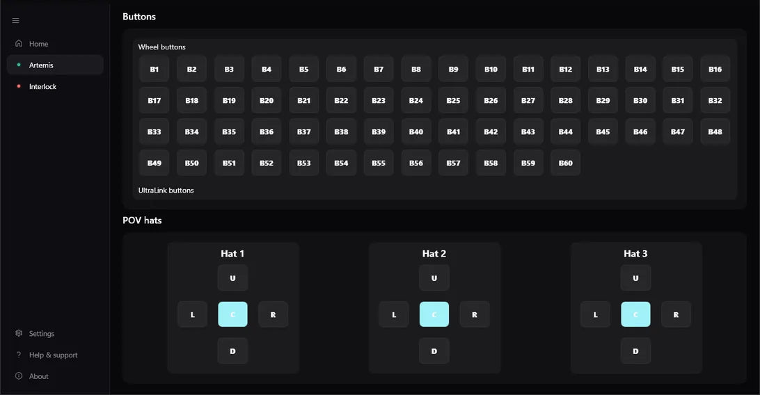 simOS Buttons: the wheel’s numbered button bank, the UltraLink buttons below it, and three POV hats.