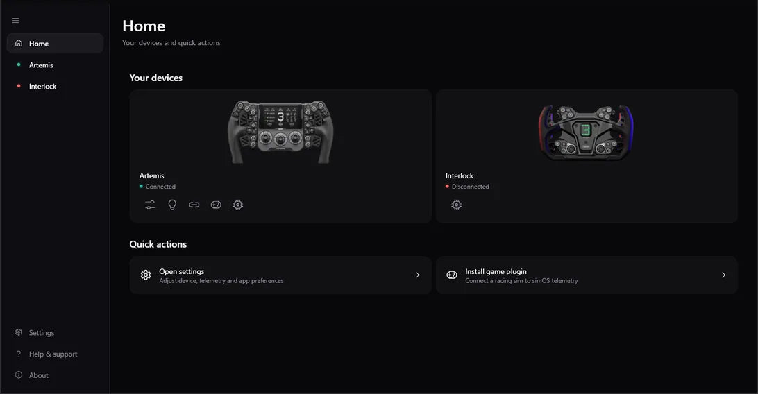 simOS Home: device cards for Artemis and Interlock showing connection status, above quick actions for settings and game plugins.
